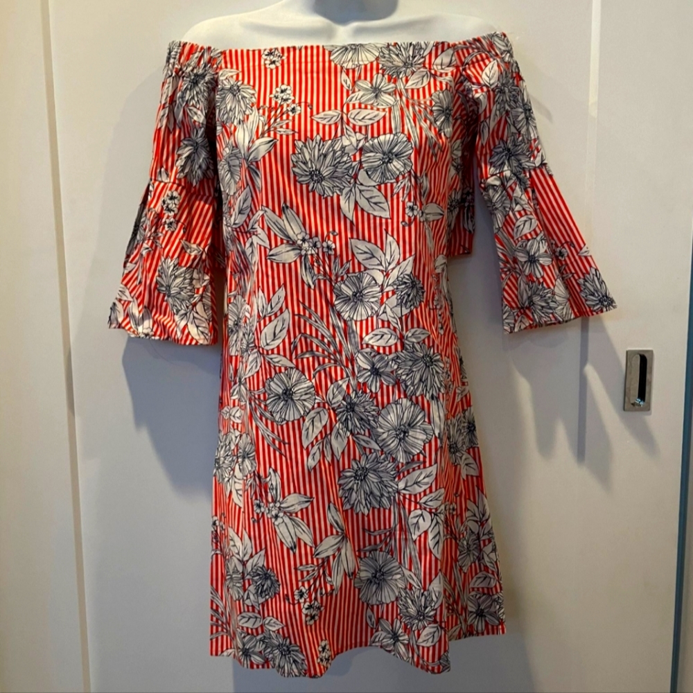 Cute size small Bepop red stripe + floral overlay summer sheath dress